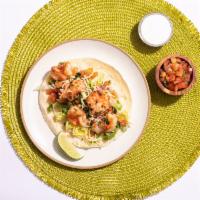 Grilled Shrimp Taco Taco (3) · Grilled shrimp tacos with pico de gallo, chopped cabbage, cream.
