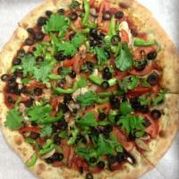 7. Veggie Lover Pizza · Red sauce, mozzarella, mushrooms, tomatoes, green peppers, black olives and red onions.