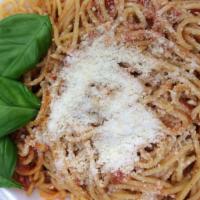 Spaghetti · Meatball, spaghetti pasta, red sauce and fresh cilantro.
