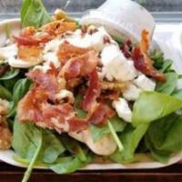 Spinach Salad  · Fresh spinach, Blue cheese, bacon, walnuts and mushrooms.