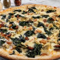 Roasted Artichoke and Spinach Pizza · Roasted baby artichokes, sauteed spinach, roasted garlic and Parmesan.