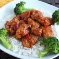 132. Orange Chicken · Battered and cooked in a sweet orange sauce.