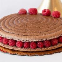 Macaron Cake - Chocolate & Raspberries · Lightly crisp on the outside and smooth and creamy in the center. Filled with chocolate crea...