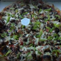 Penguinos Pizza · Italian sausage, mushrooms, green pepper, onions and mozzarella cheese.