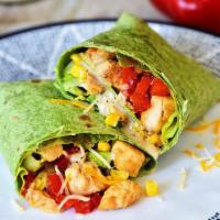 Southwest Chicken Executive Wrap · Grilled chicken, corn, black beans, tortilla strips, lettuce, cheddar cheese and BBQ ranch d...