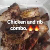 Rib/ Chicken combo · 1/4 rib and 2 leg quarters on a platter