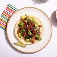 Veggie Taco Taco (3) · Veggie tacos with pico de gallo, rice, beans, cabbage.
