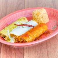 Bandera Enchiladas · 3 enchiladas, each topped with a different sauce: red salsa, cheese dip and green salsa. Fil...