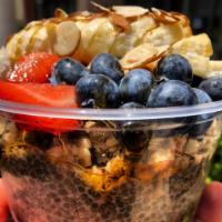 Power Acai Bowl · Organic acai, chia pudding, organic granola topped with seasonal berries, and bananas. Toppe...