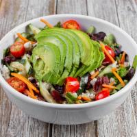 Parisian Avocado Salad · Spring mix, shredded carrots, cucumbers, tomatoes, dried cranberries, almonds, feta cheese, ...