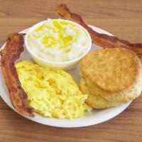 Breakfast Special · 2 eggs, bacon, grits and biscuit.
