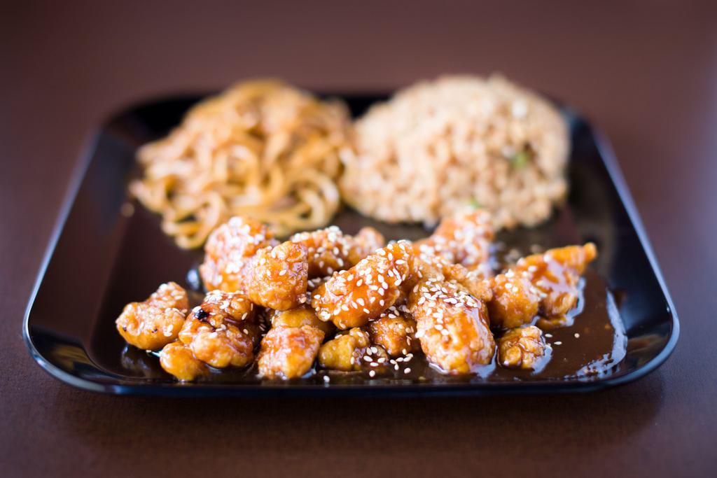Sesame Chicken · Crispy chicken with our house sweet brown sauce topped with sesame seeds.