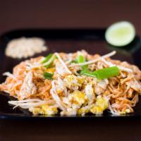 Pad Thai Noodles · Rice noodles with egg, bean sprouts, green onion, served with grounded peanuts and lime.