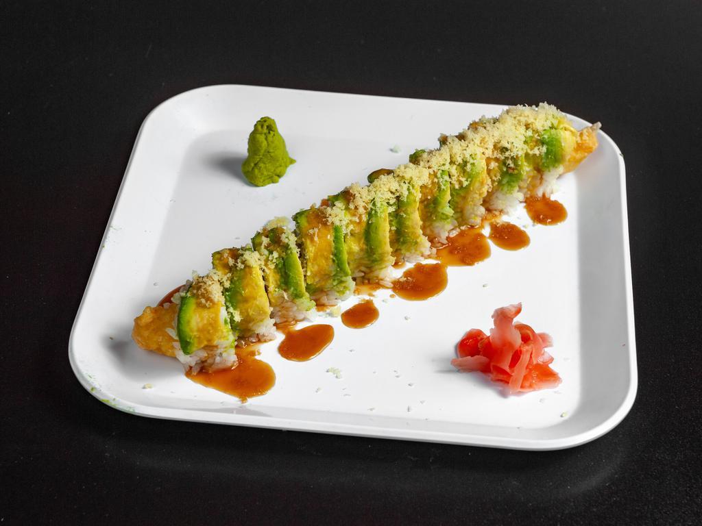 Jade Dragon Roll (10 Pieces) · Shrimp tempura, cream cheese topped with avocado, teriyaki sauce, and crunches.
