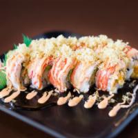 Sunday Roll (10 Pieces) · Shrimp tempura, avocado, cream cheese topped with crab stick, teriyaki sauce, spicy mayo and...