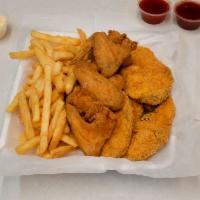 Fish and Chicken Combo Dinner · Your choice of 2 items. Served with fries, 2 slices of bread, and 2 oz. cup of coleslaw.