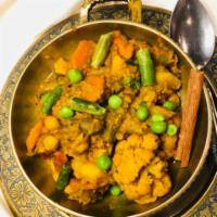 Kashmiri Spiced Vegetables · Mixed vegetables flavored with garam masala. Vegetarian. Vegan. Gluten free.