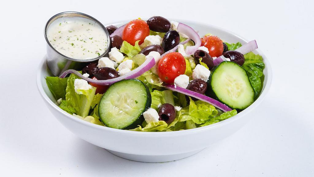 Mediterranean Salad · Romaine or mixed greens, cucumber, red onion, Kalamata olive, tomato and feta. Gluten free.