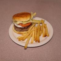 Hamburger · 1/2 lb. black Angus burger, served on a grilled bun and topped with lettuce, onion and tomato.