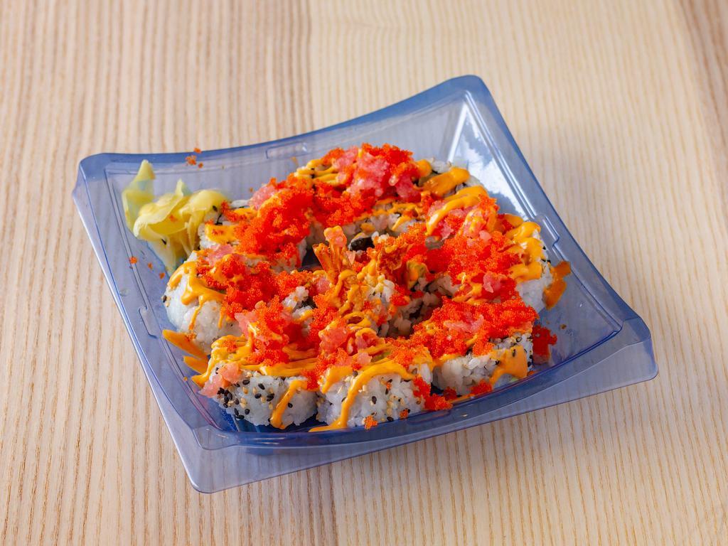 Volcano Special Roll · Tempura shrimp roll topped with spicy tuna, spicy mayo, caviar.