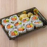 Salmon Lover Special Roll · Spicy salmon, avocado and cream cheese topped with salmon slices.