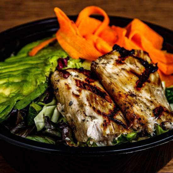 Mahi-Mahi Salad · Spring mix, carrots, cabbage, avocado, topped with a Mahi filet seasoned in lemon and pepper then grilled topped with teriyaki and a side of roasted sesame dressing.