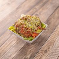 Meatball Salad in a Bowl · Low carb. Meatballs, lettuce, sprouts tomato, onion, fresh red pepper, pepperoncini peppers ...