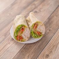 Roast Turkey Wrap · With mayo, mustard (regular), lettuce, tomato, pickles, onion and sprouts.