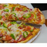 Supreme Pizza · Sausage, Pepperoni, Hot Peppers, Mushroom, Onion, Bacon, Shrimp, Bacon, 