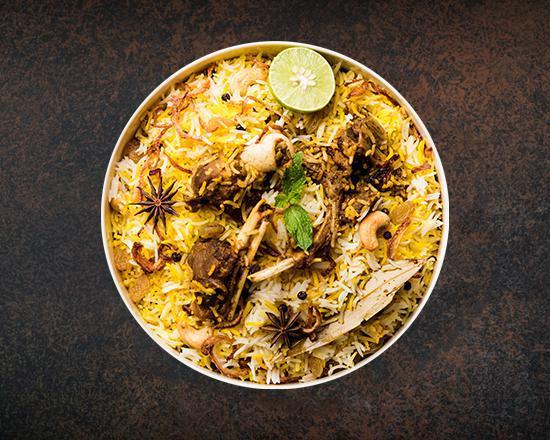 Licious Goat  Biryani · Long grained basmati rice flavored with fragrant spices & saffron, layered with goat cooked in our signature biryani gravy served along with raita and salan
