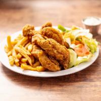 6 pc Boneless Chicken Finger Dinner Plate · Served with garden salad, greek dressing and choice of fries or rice.