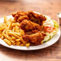 6 pc Chicken Wings Dinner Plate · Served with garden salad, Greek dressing and choice of fries or rice.