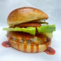 Buffalo Burger · Fresh, never frozen burgers! Burger topped with buffalo sauce!