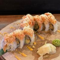 Osaka Roll · Inside: shrimp tempura, imitation crab, cream cheese and avocado 
Top: Spicy crab, spicy may...