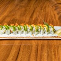 Green Dragon Roll · Inside: shrimp tempura, salmon, cucumber, and asparagus top: avocado, sesame seeds, and masa...