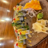 Magic Zaka Roll · Inside: shrimp tempura, cream cheese, avocado, and cucumber top: mango, avocado, sesame seed...