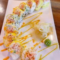Aurora Roll · Crab, avocado and tobiko wrapped in multicolor soy paper with spicy mayo on the top