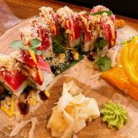 Cowboy Roll · Inside: shrimp tempura, eel, cream cheese, cucumber, and avocado top: tuna tataki, tempura f...