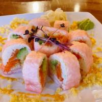 Samurai Roll · Salmon, imitation crab, avocado and tempura flakes wrapped in soy paper