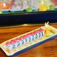 Miami Heat Roll · Inside: tempura shrimp, crab stick, cucumber, and spicy mayo top: avocado, sesame seeds, and...