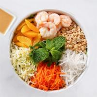 Thai & Stop Me · arugula, mixed greens, citrus shrimp, orange slices, daikon radish, napa cabbage, carrot, ba...