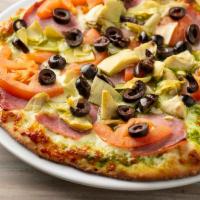 Italiano Pizza · Basil pesto sauce, mozzarella cheese, ham, tomatoes, black olives, and artichoke hearts.