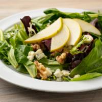 Gorgonzola and Pear Salad · Mixed greens, fresh pear, Gorgonzola, candied walnuts, balsamic vinaigrette dressing.