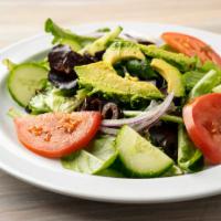 The Healthy Greens Salad · Mixed greens, avocado, onions, cucumber, tomatoes, black olives and your choice of dressing.
