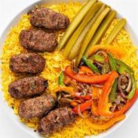 Kefta Kabob Platter · Juicy Beef Kefta minced with Parsley, Onions and Spices , with a choice of Rice or Green mix...