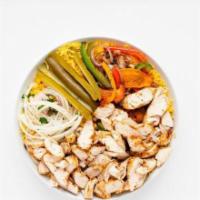 20. Chicken Shawerma Plate · Chicken Shawarma with a choice of Rice or Green mix , served with Grilled Veggie Mix , Grill...