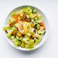 Fatoush Salad · Romaine Lettuce, Tomato, Cucumber, Pita chips, Sumac and Olive Oil