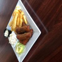 Guiness Fish · Delicious Guinness beer-battered cod fillets. Served with steak fries, coleslaw, and tartar ...