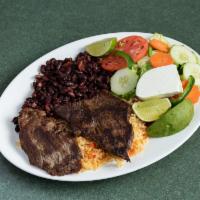 Carne Asada  · Grilled steak. 
Beans,rice,salad