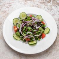 Garden Salad · Vegetarian. Lettuce, tomato, cucumber, black olives, and onion.